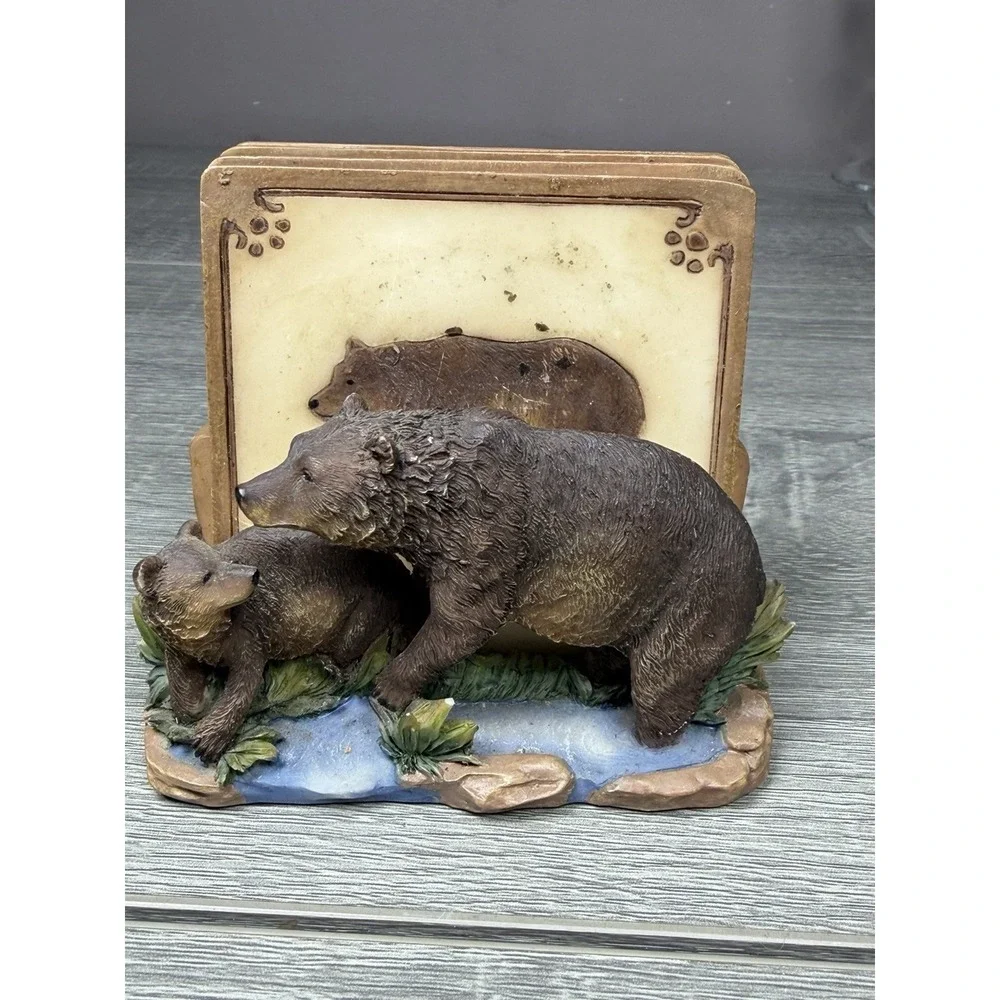 Rustic Bear Family Coaster Set Holder Cabin Lodge Wildlife Decor Outdoorsy